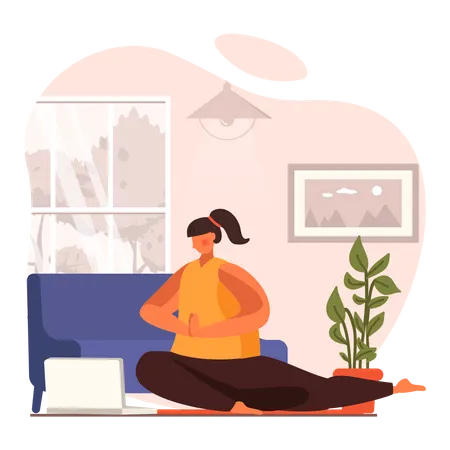 Mulher fazendo pose de ioga em casa  Ilustração