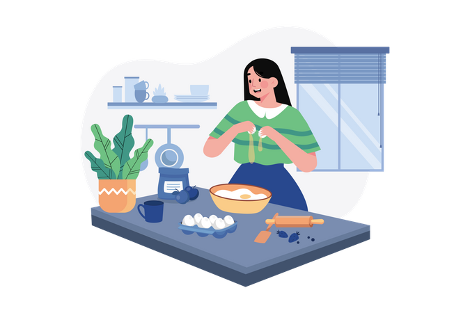 Mulher fazendo prato de ovo na cozinha  Ilustração