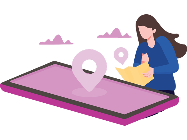 Mulher fazendo rastreamento de viagem no telefone  Ilustração