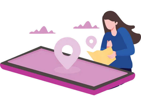 Mulher fazendo rastreamento de viagem no telefone  Ilustração