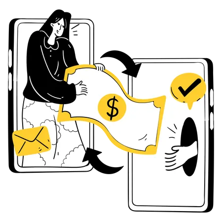 Mulher fazendo transferência de pagamento ponto a ponto  Ilustração