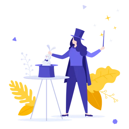 Mulher fazendo truque mágico com chapéu de coelho  Ilustração