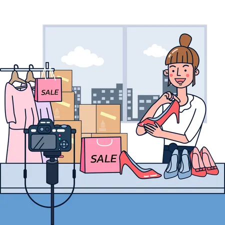 Mulher fazendo vídeo sobre venda de sapatos para alcançar clientes  Ilustração