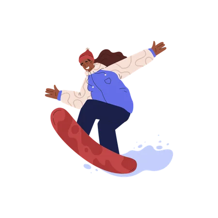 Mulher feliz andando profissionalmente de snowboard  Ilustração