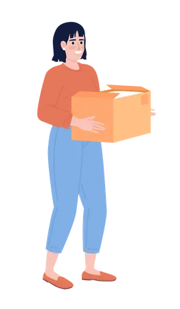 Mulher feliz carregando caixa de papelão aberta  Ilustração