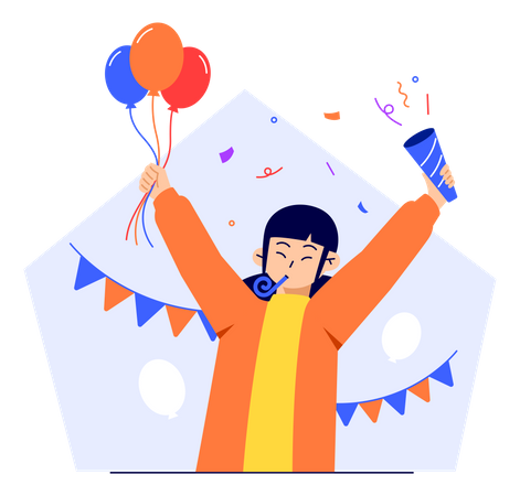 Mulher feliz comemorando evento com balão e confete  Ilustração