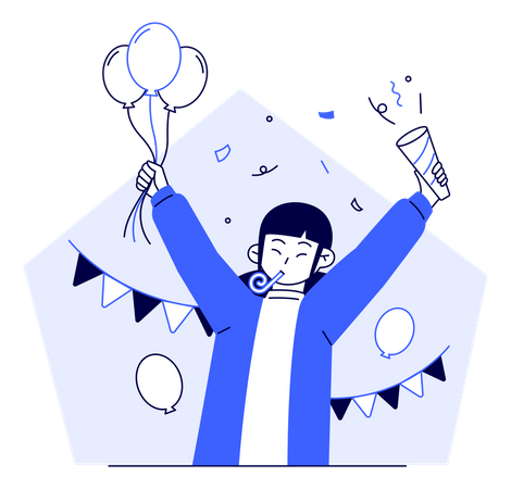Mulher feliz comemorando evento com balão e confete  Ilustração