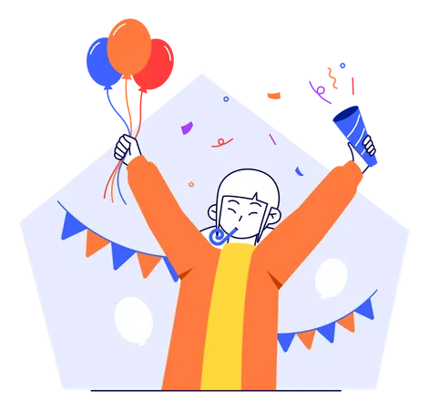 Mulher feliz comemorando evento com balão e convenção  Ilustração