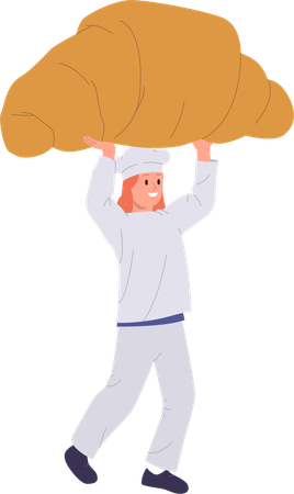 Chef de mulher feliz segurando croissant  Ilustração