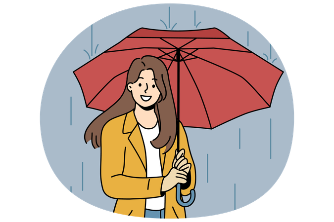 Mulher feliz com guarda-chuva caminha na chuva pela rua de outono e olha para a tela com um largo sorriso  Ilustração