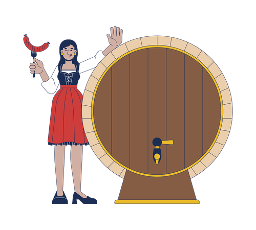 Mulher feliz com salsicha grelhada perto de barril de cerveja  Ilustração