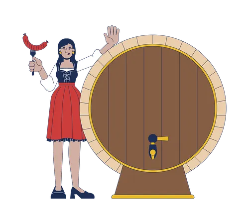 Mulher feliz com salsicha grelhada perto de barril de cerveja  Ilustração