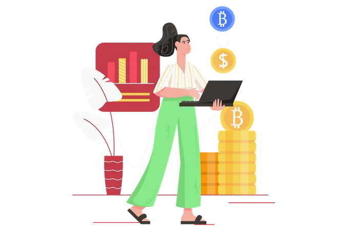 Mulher feliz compra e vende bitcoins  Ilustração
