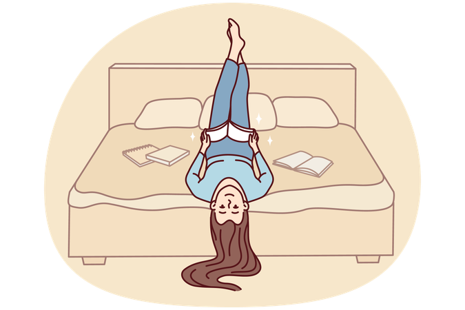 Mulher feliz deitada na cama lendo um livro  Ilustração