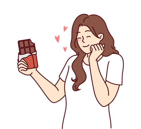 Mulher feliz, apreciando o sabor do chocolate amargo  Ilustração