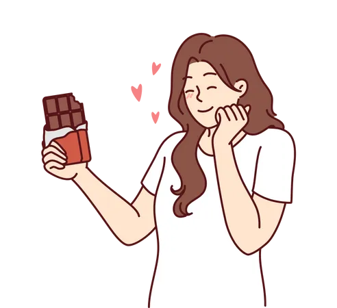 Mulher feliz, apreciando o sabor do chocolate amargo  Ilustração