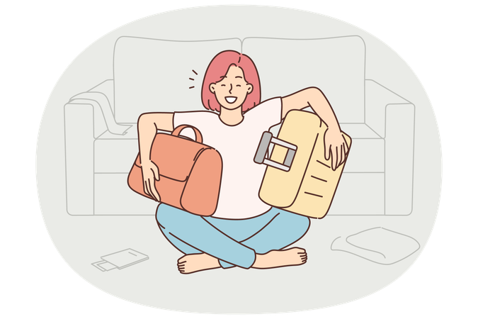 Mulher feliz e animada fazendo as malas para as férias  Ilustração