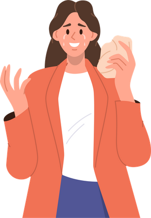 Mulher feliz em lágrimas chorando enquanto sente boas emoções limpando lágrimas com guardanapo  Ilustração