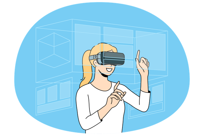Mulher feliz com óculos de realidade virtual explorando os arredores  Ilustração