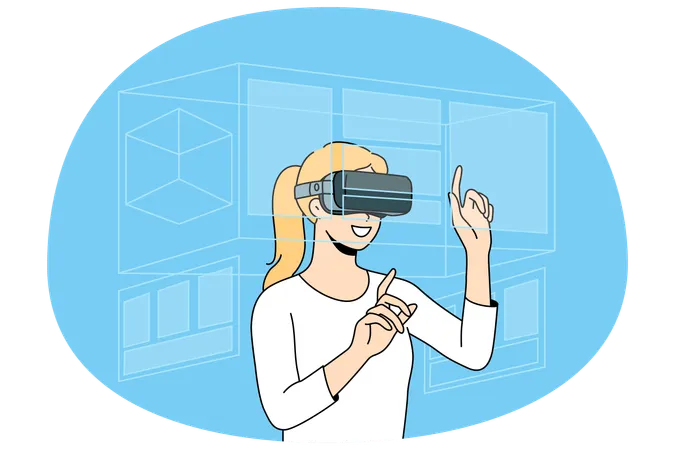 Mulher feliz com óculos de realidade virtual explorando os arredores  Ilustração