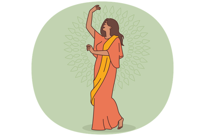 Mulher feliz em roupas indianas dançando  Ilustração