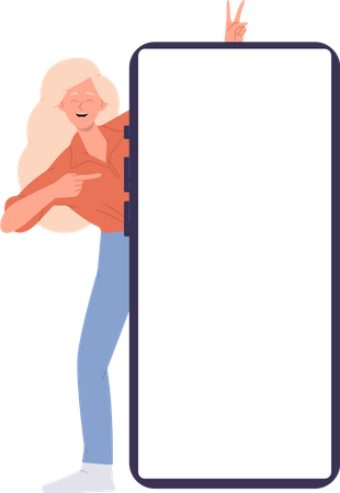 Mulher feliz e emocional espiando por trás do smartphone apontando para um display branco vazio  Ilustração