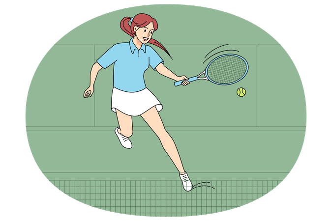 Mulher feliz jogando tênis na quadra  Ilustração