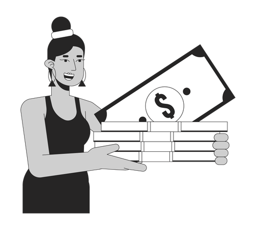 Feliz mulher elegante latino-americana segurando dinheiro  Ilustração