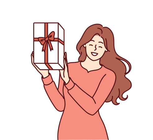 Mulher feliz mostra caixa de presente dada pelo marido em seu aniversário  Ilustração