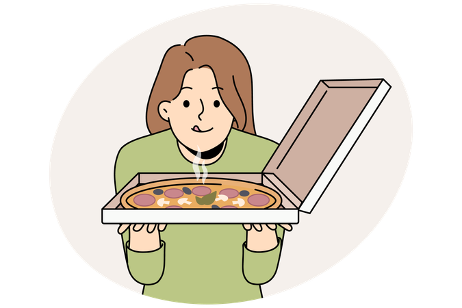Mulher feliz olha para uma pizza saborosa e fresca  Ilustração