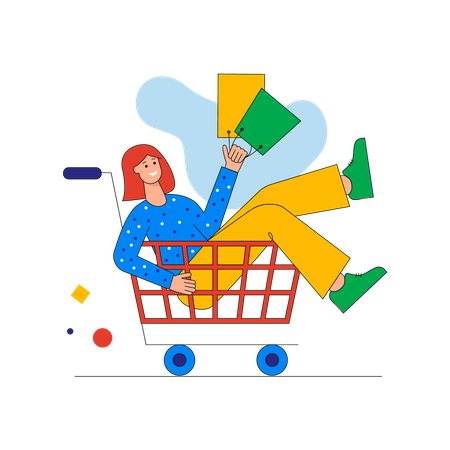 Mulher feliz anda em carrinho de supermercado com sacolas  Ilustração