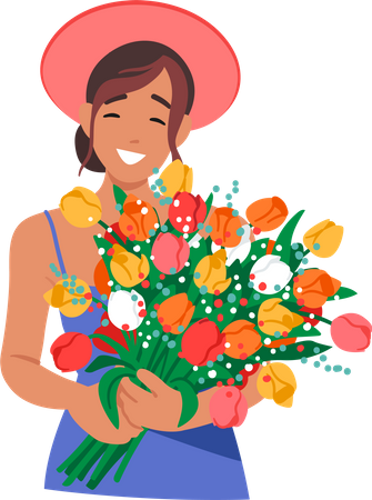Mulher feliz segura flores de verão nas mãos  Ilustração