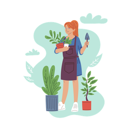 Mulher feliz segurando vasos com flores  Ilustração