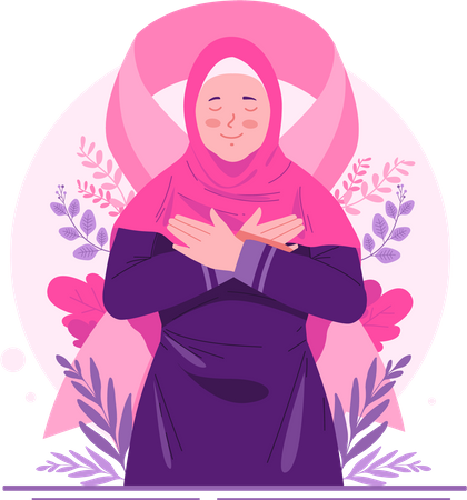Feliz sobrevivente do câncer de mama com uma fita rosa  Ilustração
