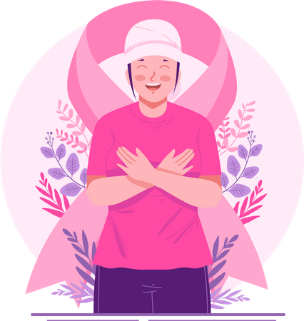 Feliz sobrevivente do câncer de mama com uma fita rosa  Ilustração