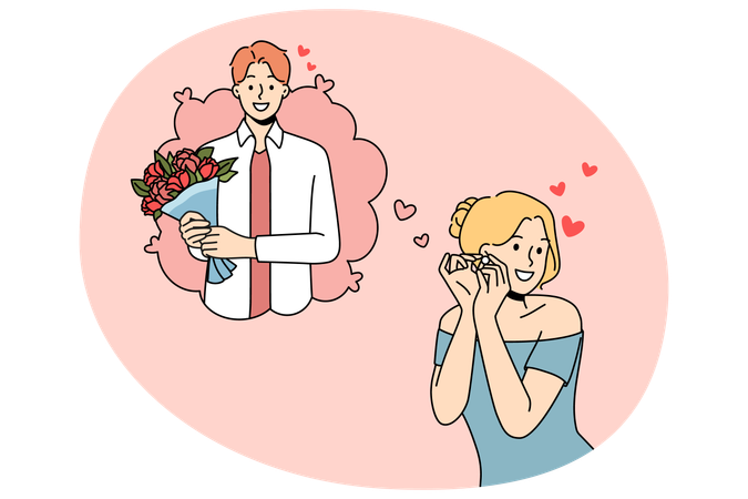 Mulher feliz sonhando com homem com flores  Ilustração