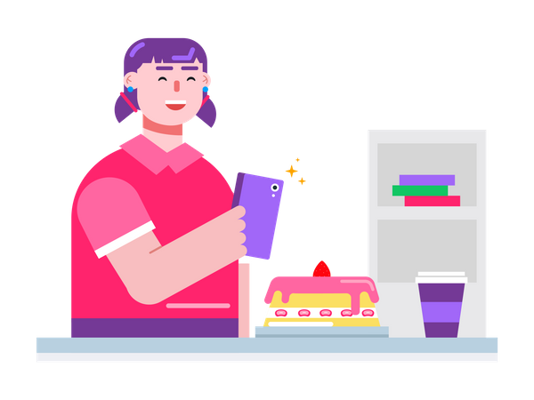 Mulher feliz tirando foto de bolo na cozinha  Ilustração