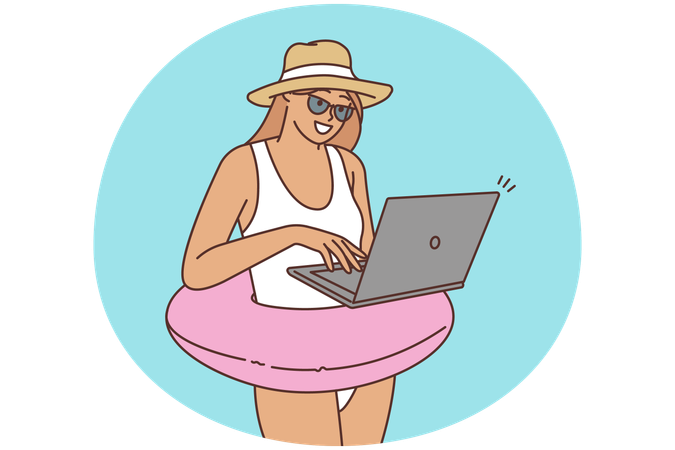Mulher feliz trabalhando em laptop na praia  Ilustração