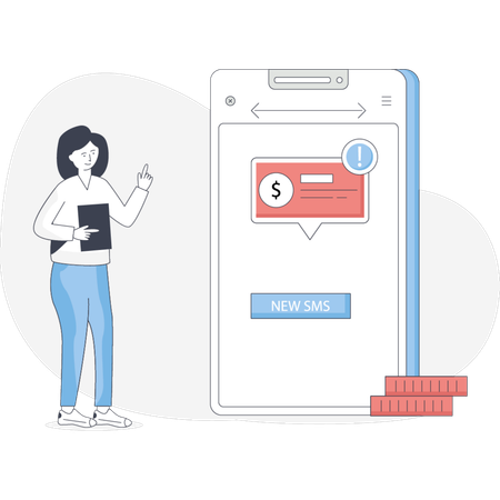 Mulher fica ao lado de um smartphone exibindo uma notificação sobre uma nova venda  Ilustração
