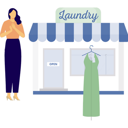 Mulher fica feliz ao ver vestido em lavanderia online  Ilustração