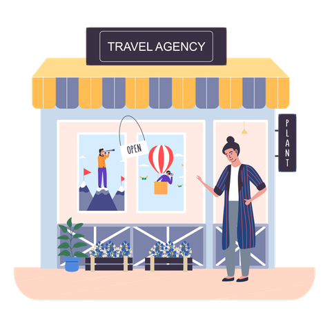 Mulher parada perto de agência de viagens  Ilustração