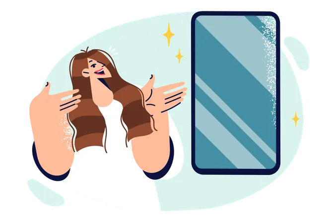 Mulher fica perto do celular e aponta as mãos para o gadget  Ilustração