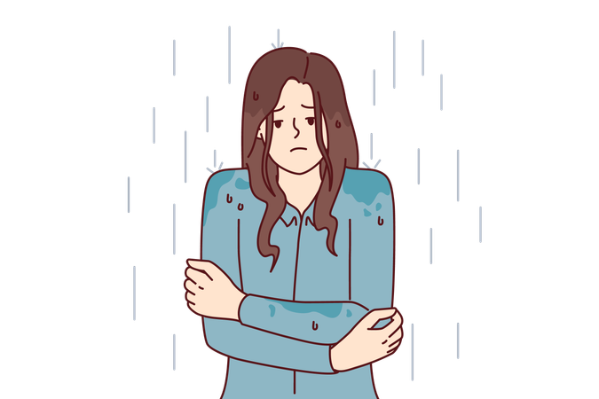 Mulher fica tremendo na chuva sem capa de chuva  Ilustração