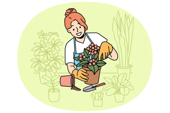 Mulher florista cuida de plantas de casa e segura vaso de flores com violetas florescendo  Ilustração