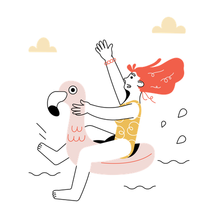 Mulher flutua em flamingo de borracha na piscina  Ilustração