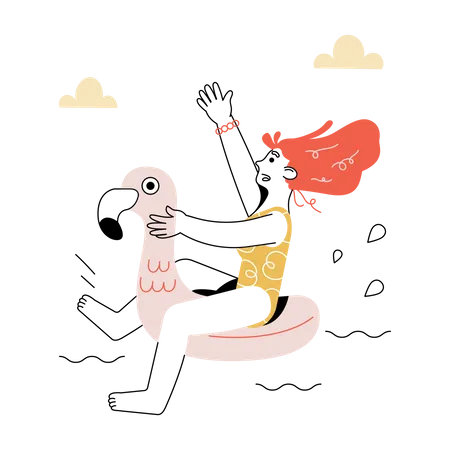 Mulher flutua em flamingo de borracha na piscina  Ilustração