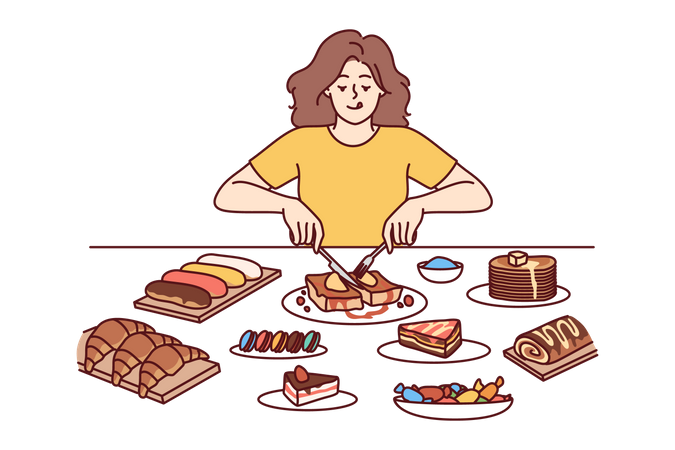 Mulher foodie comendo todos os pratos de sobremesa, ignorando a dieta  Ilustração