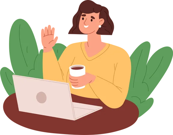 Freelancer de mulher em reunião on-line no laptop e tomando café  Ilustração