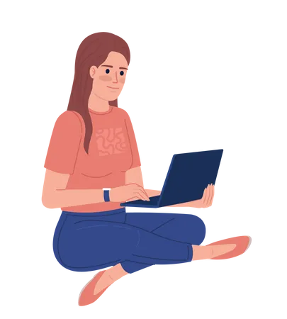 Freelancer feminino sentado com laptop  Ilustração