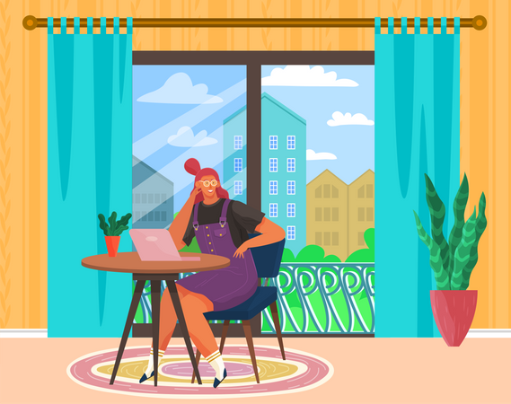 Freelancer feminina trabalha com computador em casa  Ilustração